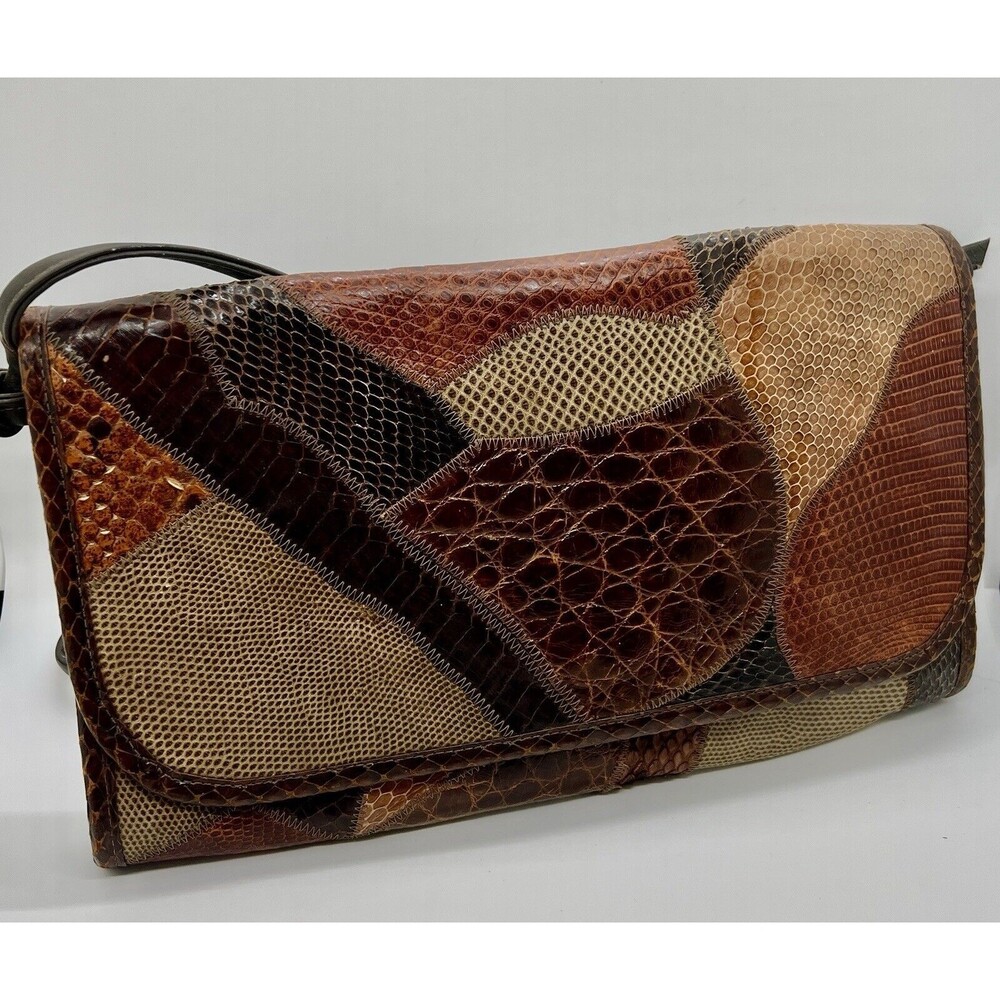 VINTAGE SHIBUI GENUINE LEATHER BROWN PATCH ENVELOP CLUTCH SHOULDER  HANDBAG